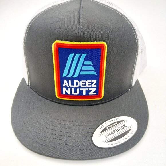 Aldeez Nutz Patch Flat Bill Trucker Mesh Snapback Cap Gray White Adult Humor - Picture 1 of 2